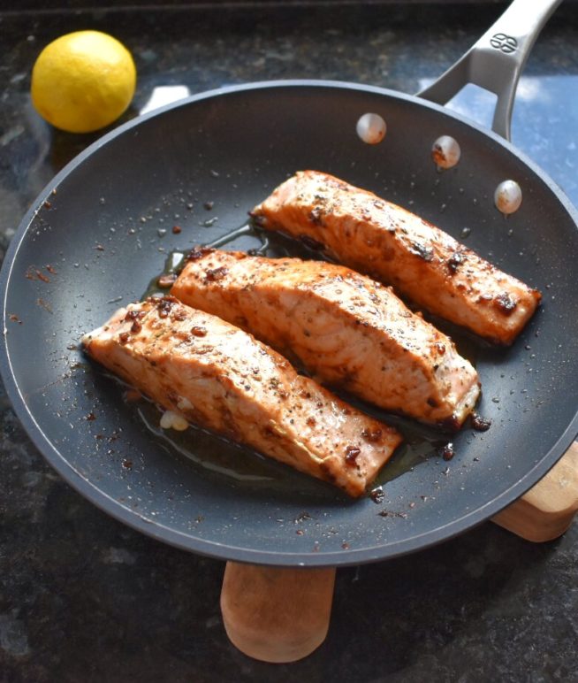 Pan Seared Salmon with Soy Ginger Glaze in Pan
