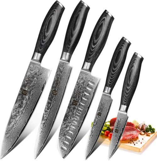 damascus steel kitchen knife set | 5pcs knife set kitchen chef japanese damascus steel knives cleaver