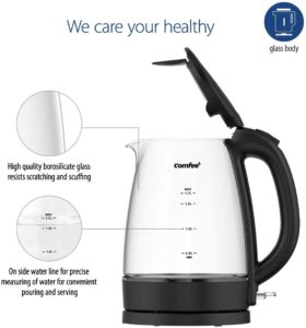 1500W Fast Heating with Auto Shut-Off and Boil-Dry Protection, 1.7 Liter