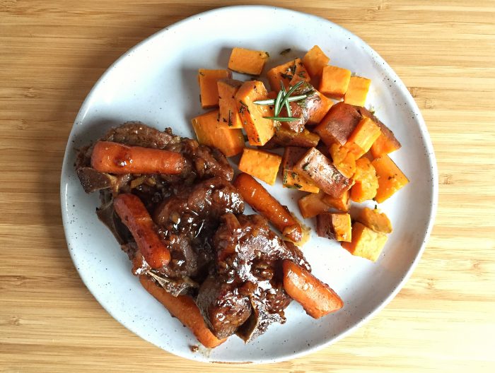 Easy Braised Guinness Lamb Chops with Rosemary Sweet Potatoes