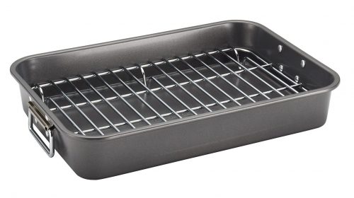 2. Farberware Nonstick Bakeware 11-Inch x 15-Inch Roaster with Flat Rack, Gray