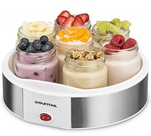 5. Gourmia GYM1610 Yogurt Maker With 7 Glass Jars Customize To Your Flavor And Thickness, Free Recipe Book Included
