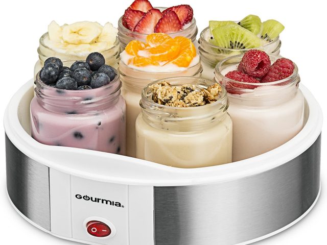 5. Gourmia GYM1610 Yogurt Maker With 7 Glass Jars Customize To Your Flavor And Thickness, Free Recipe Book Included