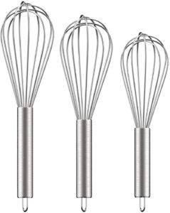 Three different sizes of the stainless steel whisks