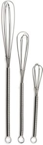 A set of three stainless steel whisks