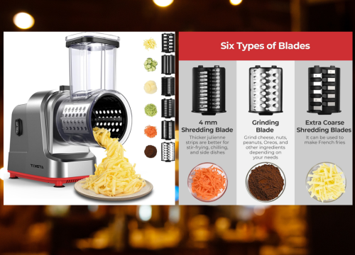 The image is a promotional display for the ATBKIT Electric Cheese Grater, showcasing its features and six types of interchangeable blades. On the left, the silver and black electric grater with red accents is shown in operation, grating cheese onto a white plate. To the right, a red banner titled "Six Types of Blades" details each blade type with corresponding food examples and descriptions. These include a 4mm shredding blade for thicker julienne strips (shown with shredded carrots), a grinding blade for cheese, nuts, and peanuts (shown with ground coffee), and an extra-coarse shredding blade suitable for French fries (shown with thick-cut cheese). Above these, smaller illustrations depict the six different blade attachments and the resulting textures for ginger, cucumber, potato, cheese, carrot, and chocolate. The background is blurred with warm, out-of-focus lights, likely suggesting a kitchen or dining environment.