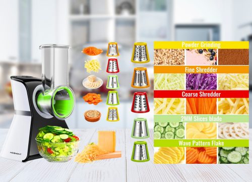 A promotional poster for the TWOMEOW Electric Cheese Grater Salad Shooter. The poster displays the grater alongside various food items and a chart showcasing its different functions, such as powder grinding, fine shredding, coarse shredding, 2MM slices blade, and wave pattern flake.