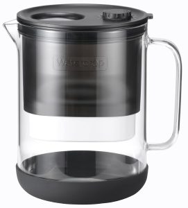 A Photo of a Black Waterdrop Glass Water Filter Pitcher with white background