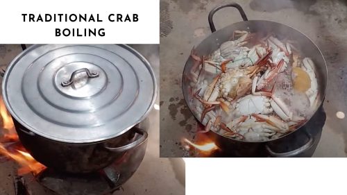 Crabs are placed in the pan and put on wood fire stove to boil.
