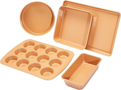 5-Piece Set Copper Color Amazon Basics Ceramic Nonstick Baking Sheets and Pans 