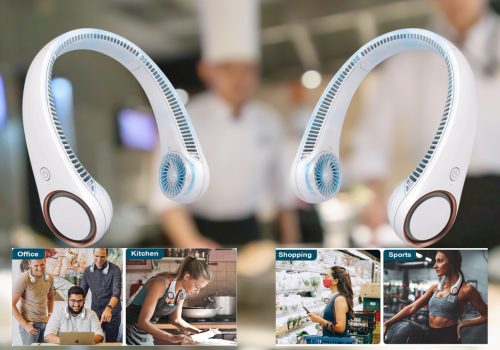The promotional poster showcases a white portable neck fan with blue accents, presented in two angled views at the top. Below, four smaller images illustrate different usage scenarios: "Office" shows two individuals in a casual office setting, one using the fan; "Kitchen" depicts a person cooking while wearing the fan; "Shopping" features an individual in a store with the fan on; and "Sports" shows a person exercising at a gym with the fan. The overall theme suggests the versatility and convenience of the neck fan for staying cool in various environments.