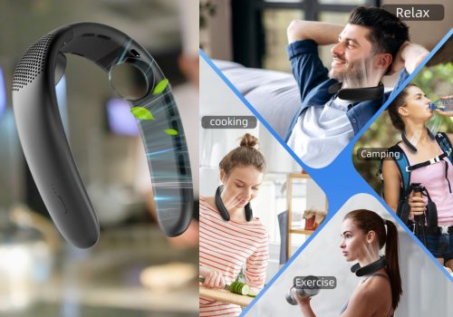 The promotional poster features a sleek, dark grey portable neck fan prominently displayed on the left, with visual cues indicating airflow. On the right, a collage of four images arranged in a pinwheel design showcases different scenarios where the fan can be used: "Relax" shows a person reclining indoors; "Cooking" depicts a person preparing food in a kitchen; "Camping" shows a person outdoors with a backpack, drinking water; and "Exercise" features a person working out. The overall message suggests the versatility of the neck fan for staying cool during various activities and in different environments.