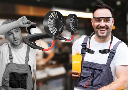 The promotional poster contrasts two scenarios featuring individuals who appear to be workers. On the left, a grayscale image shows a person wiping sweat from their brow, seemingly hot and uncomfortable. In the center, a black portable neck fan with visible airflow is highlighted. On the right, a smiling person wearing safety glasses and overalls has the same neck fan around their neck. This suggests the neck fan's effectiveness in providing cooling relief for workers, contrasting discomfort with comfort.
