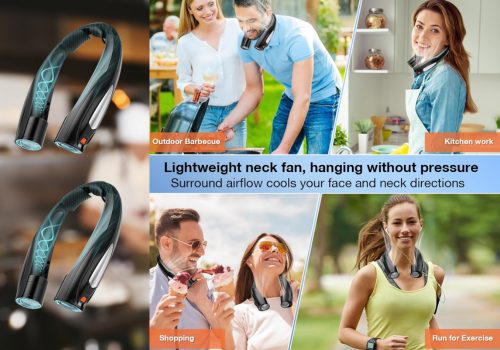 The promotional poster displays a lightweight neck fan designed for both indoor and outdoor use. The poster showcases the fan in various scenarios: at an outdoor barbecue, in a kitchen setting, while shopping, and during a run. The central text highlights the fan's features, emphasizing its lightweight design and ability to provide surrounding airflow to cool the face and neck.