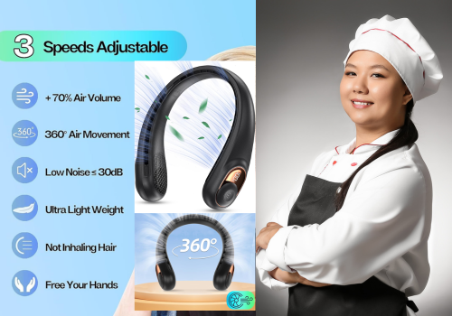 A promotional poster for the KIDEE Portable Bladeless Neck Fans for Cooking with the female chef on it.