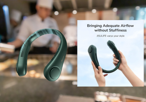 A portable, dark green neck fan is prominently displayed in the foreground, with a blurred background showing individuals in white chef hats working in a kitchen setting. An inset image on the right shows the same neck fan being held by two hands against a light blue sky, accompanied by text that reads "Bringing Adequate Airflow without Stuffiness" and "JISULIFE varys your style". The fan is curved in a U-shape, designed to be worn around the neck, with visible vents for airflow.